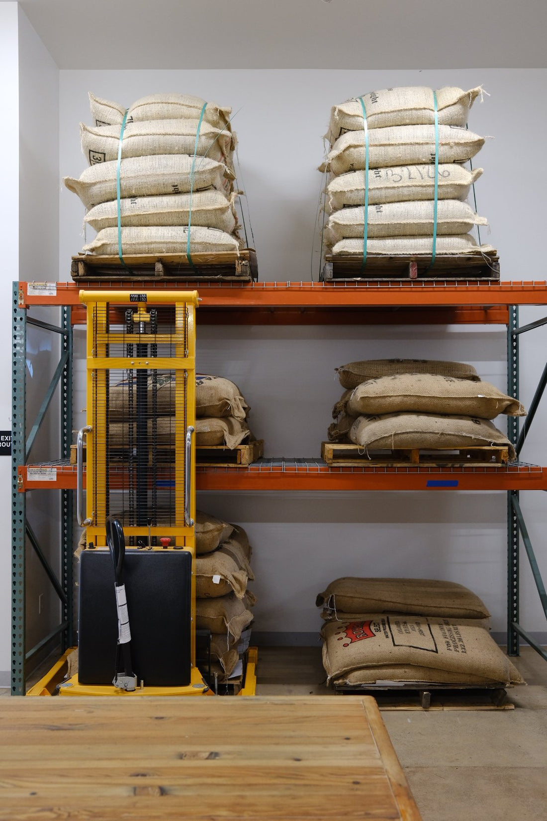 Green coffee racked in the roastery