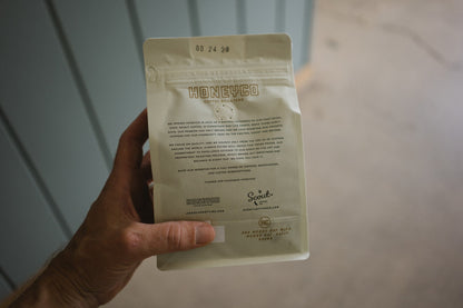 Back of the bag showing the brew guide and roast date