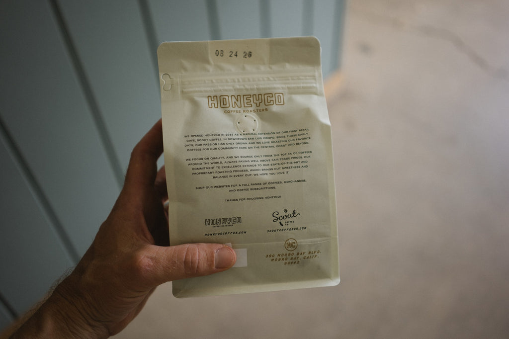 Back of the bag showing the brew guide and roast date