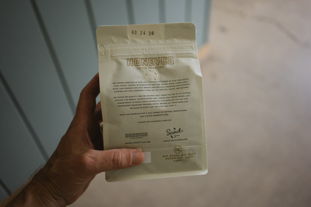 Back of the bag showing the brew guide and roast date